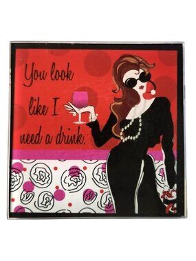 Set of 4 Glass Coasters Wooden Caddy Delish Girls Wine Friendship Gift retro